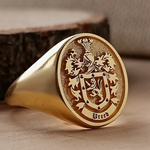 Authentic Gold Plated Family Crest Signet Ring, Custom Coat of Arms, Personalized Jewelry