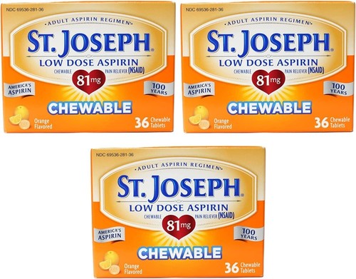 St. Joseph Chewable Aspirin Low Dose 81mg Orange Flavor 36 count ( 3 pack ) - Afbeelding 1 van 5