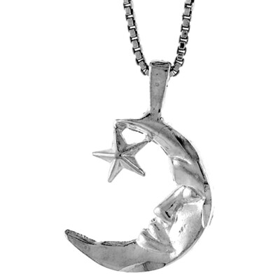 925 Sterling Silver Crescent Moon Face and Star Charm Pendant 5/8 (16mm) Inch