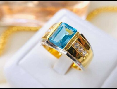 Natural Blue Topaz Edelstein Ring Mit 14K Goldplattiertem Silber Für Herren #569