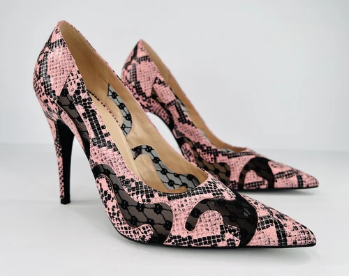 with box Gucci Python Embossed Leather & Mesh GG Rhombus Pink Heel Pumps Size E