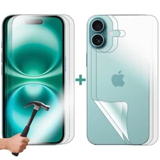 2 Set Tempered Glass Screen Protector for Apple iPhone 16 Front and Film Back