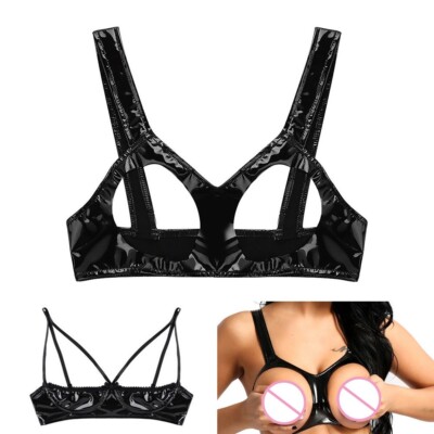 Verführerisches schwarzes Wetlook WireFree Bralette Bustier aus PU Leder für Damen
