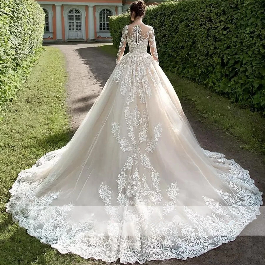 chinese dress ladies High Neck Long Sleeve Beaded Wedding Dress Shimmering Tulle Bridal Gown 50cm / 16 / White main image 1