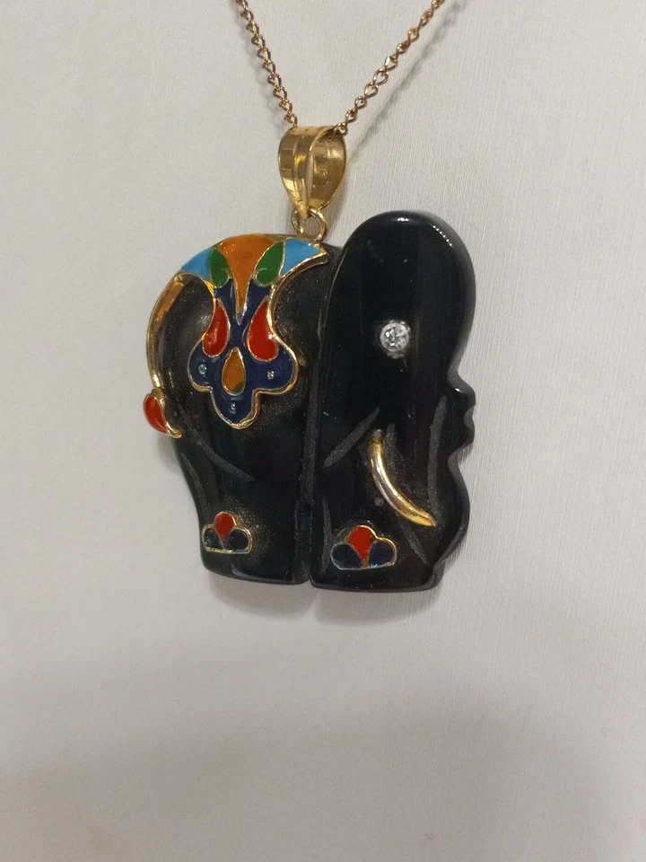 14K Gold Filled Chain Black Onyx Crystal Enamel Elephant 18 Inch Necklace - Image 3 of 4