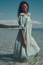 Spell and the Gypsy Mae Linen Blue Maxi Dress Puff Sleeve Boho Prairie Size XS