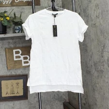 DG2 by Diane Gilman Womens Rolled Short Sleeve Sequin Stripe Shirt Top White S