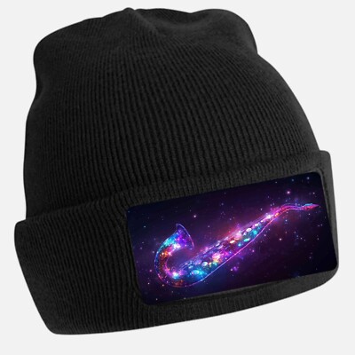 Unisex Cotton Black Saxophone Shiny Lights Motif Beanie Hat