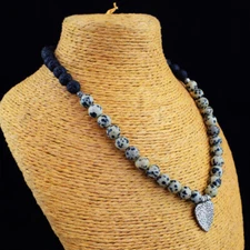 248 Cts Natural Dalmatian Jasper & Lava Round Shape Beaded Necklace  SK 14E434