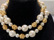 Vintage Anne Klein Gold Tone & Faux Pearls Beads Double ChokerNecklace . 18.5?