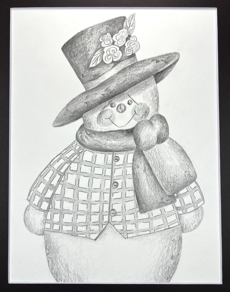 Original Lápiz Dibujo Muñeco de Nieve Invierno Sombrero Bufanda Mitones 14x11” Bellas Artes Foto 2 de 4