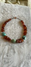 Vtg Native American Navajo Silver Turquoise Amber Chunks Necklace 18”