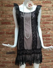 Oasis Black Lace 1920s Flapper Gatsby Inspired Dress Size L + FREE Necklace