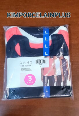 Danskin Women's Essential Rib TANK 3 Pack Soft Rib Racer Back Skimming Fit LARGE