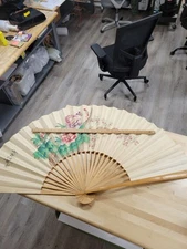 Vintage Wooden Japanese Bamboo Wall Hanging Fan Flowers and Butterfly 55"x 33"