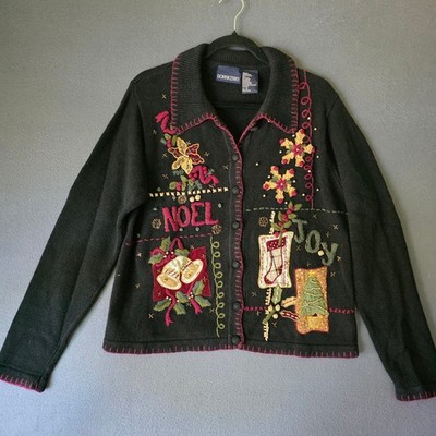 Donnkenny Cardigan Sweater Womens Medium Black Christmas Embroidered Beaded Noel