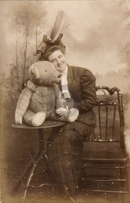 1910 Woman & Steiff Teddy Bear Studio Setting Hat RPPC Photo Postcard COPY