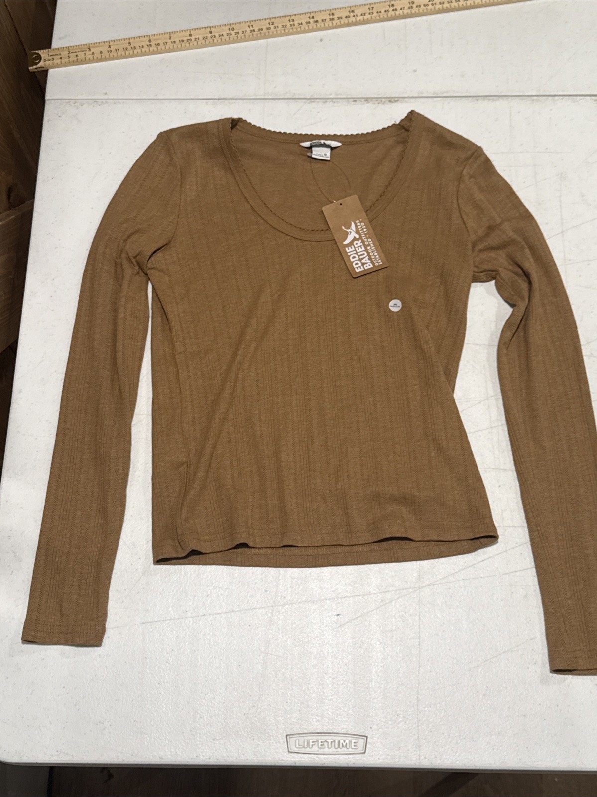 Eddie Bauer Perfect Pointelle Shirt Womens M Brown Long Sleeve Scoop Neck NWT