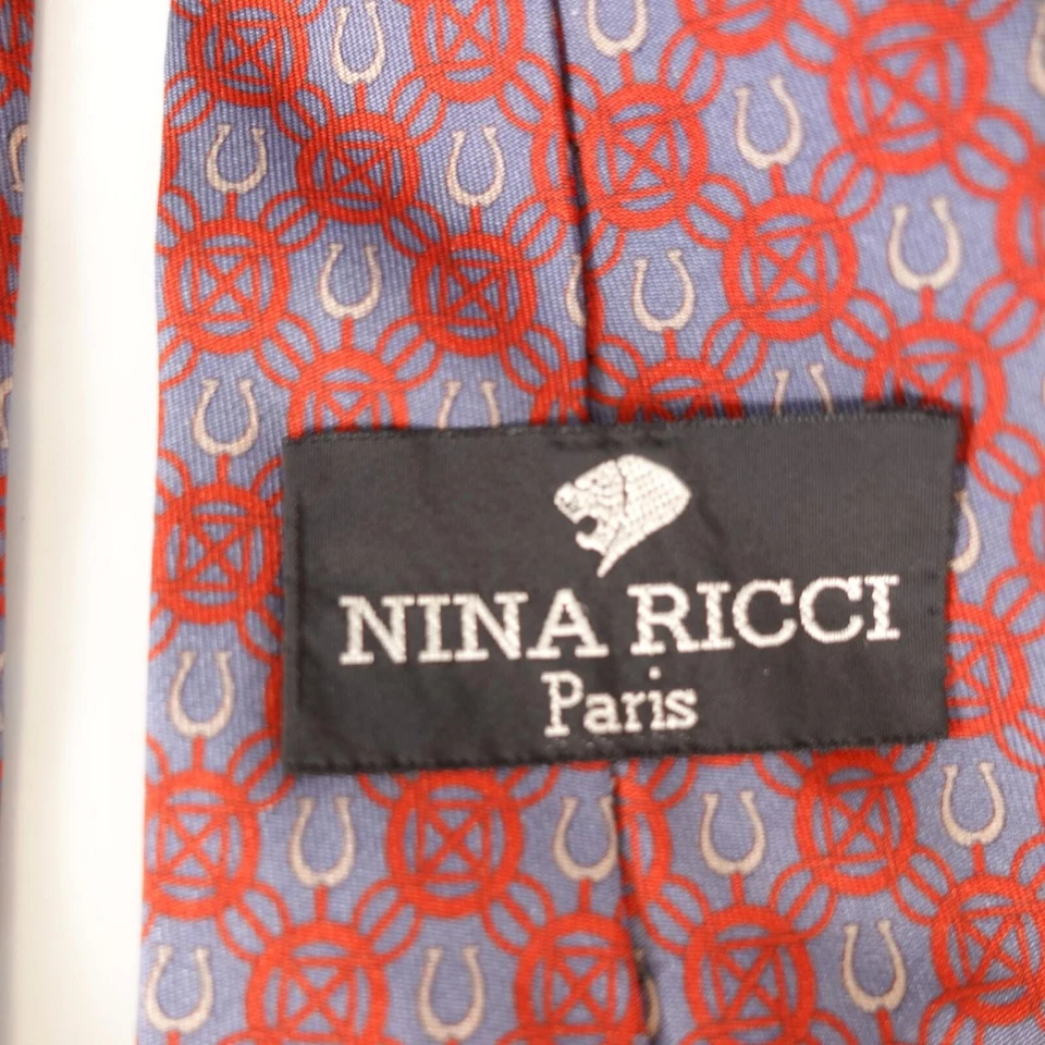 NINA RICCI Paris Corbata Cuello Para Hombre Azul Rojo Geo Herradura Seda Sarga Occidental Lujo Foto 3 de 4