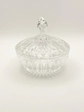 Vintage 1990s Clear Pressed Glass Faceted Covered Candy Dish with Lid 4 1/2 Inch