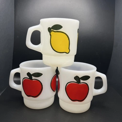 Vtg.  Fire King Super Fruit Mugs Milk Glass Anchor Hocking MCM 3cups.
