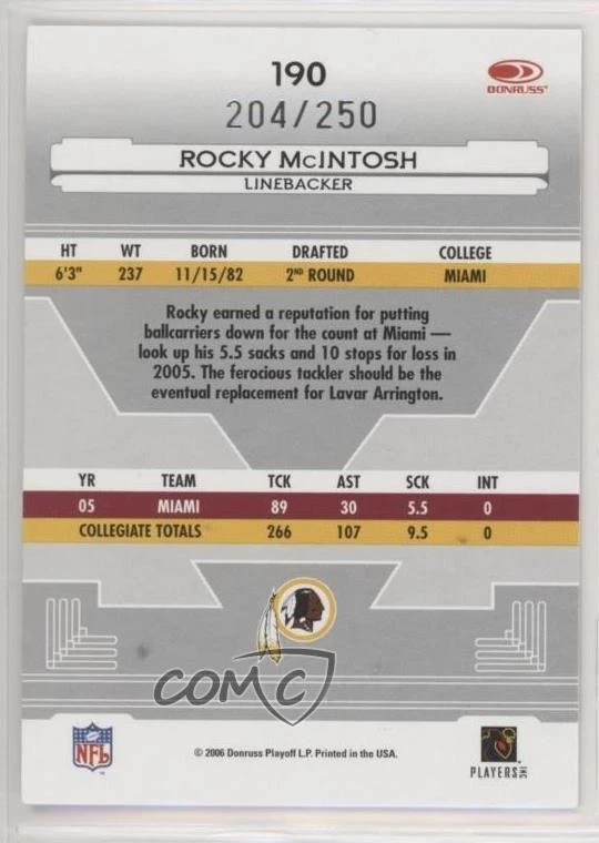 2006 Leaf Certified Materials New Generation /250 Rocky McIntosh Rookie Auto RC - Image 2 of 2