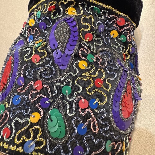 Black Velvet Small Beaded Pouch Bag Purse Boho Sequins Drawstring Tassle - Picture 2 of 11