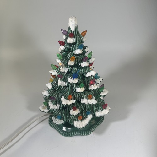 Vintage Ceramic Christmas Tree Lighted Snow Covered MCM READ