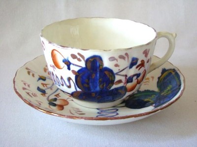 Antique ALLERTON'S Gaudy Welsh Oversize TEACUP SAUCER Gaudy Welsh, Grape Pattern