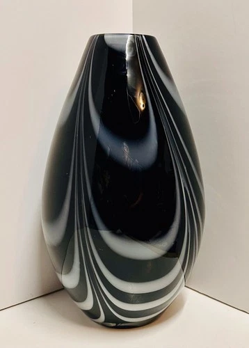 Vtg Large Italian Murano Black & White Art Glass Vase 13x7 Heavy