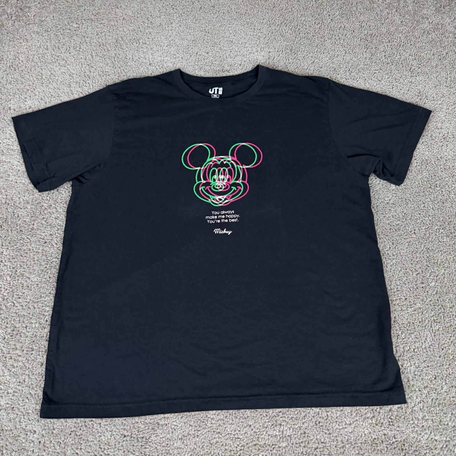 Disney Uniqlo Shirt Mens XXL 2XL Black Mickey Mouse You Always Make Me Happy thumbnail 2