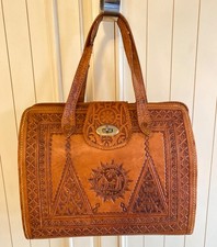 Vtg Moroccan Leather Hand Tooled Tan Large Top Handled Purse 10" H 12" W 4.5"D