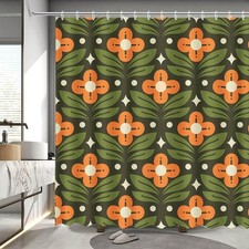 Orange Floral Shower Curtain Vintage Mid Century Modern Abstract Geometric Green
