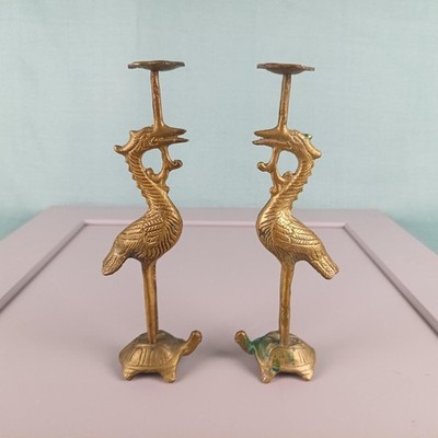 Antique Japanese Candlestick Holders Solid Brass Cranes Standing on Turtles