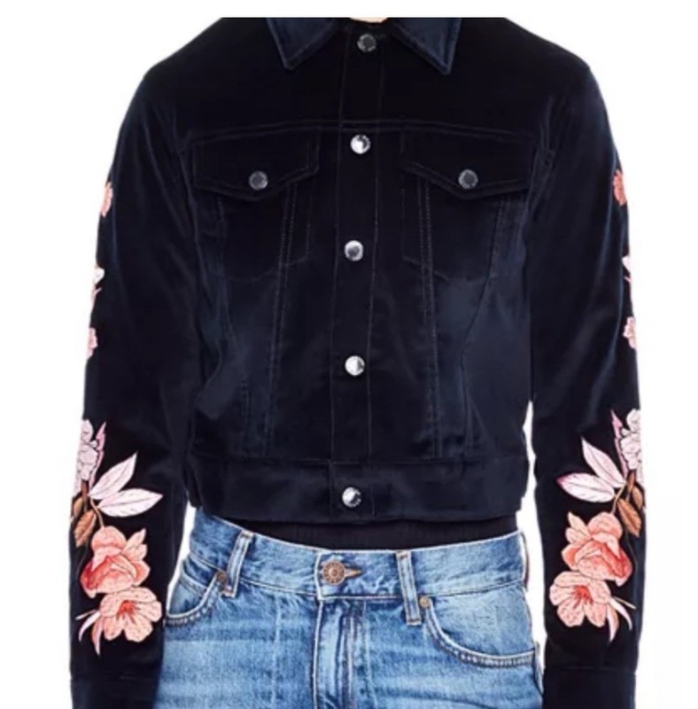 Sandro Celia Blue Floral Embroidered Cropped Velvet Jacket Size 0 (US size 4-6)