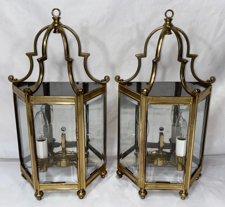 复古中世纪一对黄铜和 3 面斜面玻璃壁灯壁灯 — 第 4/4 张图片