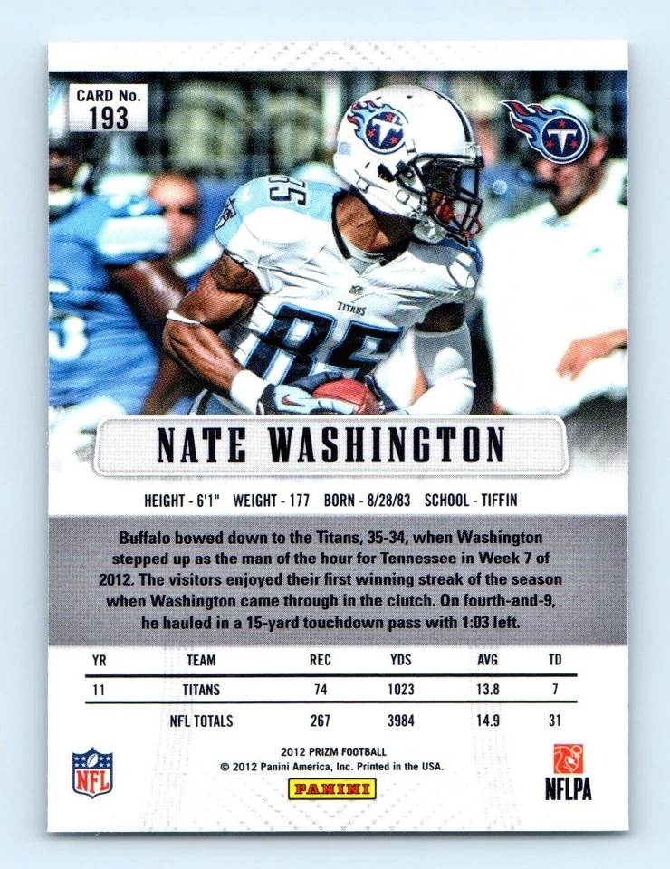 2012 Panini Prizm ! Nate Washington Tennessee Titans #193 - Image 2 of 2