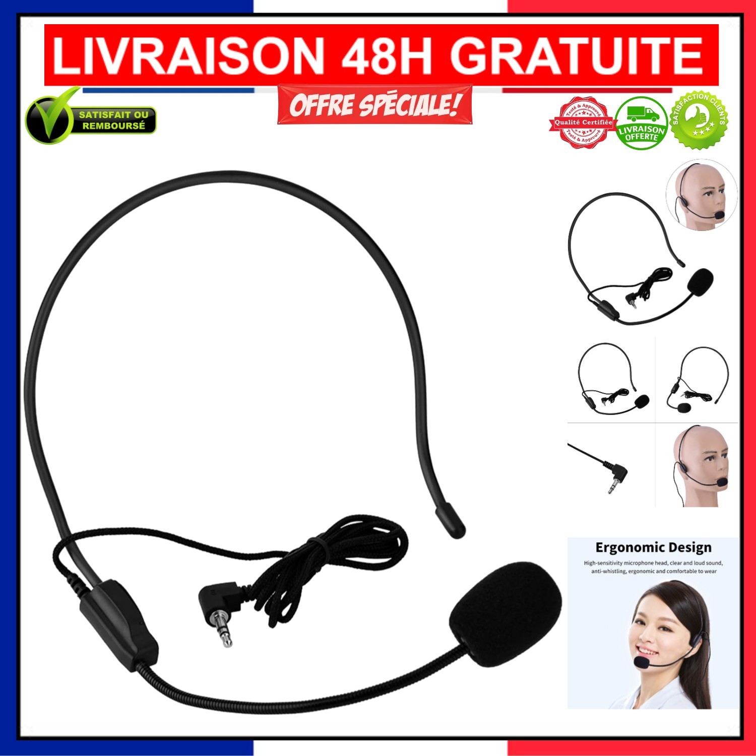 Microphone monté sur tête 3.5mm antibruit filaire pour guide et enseignant