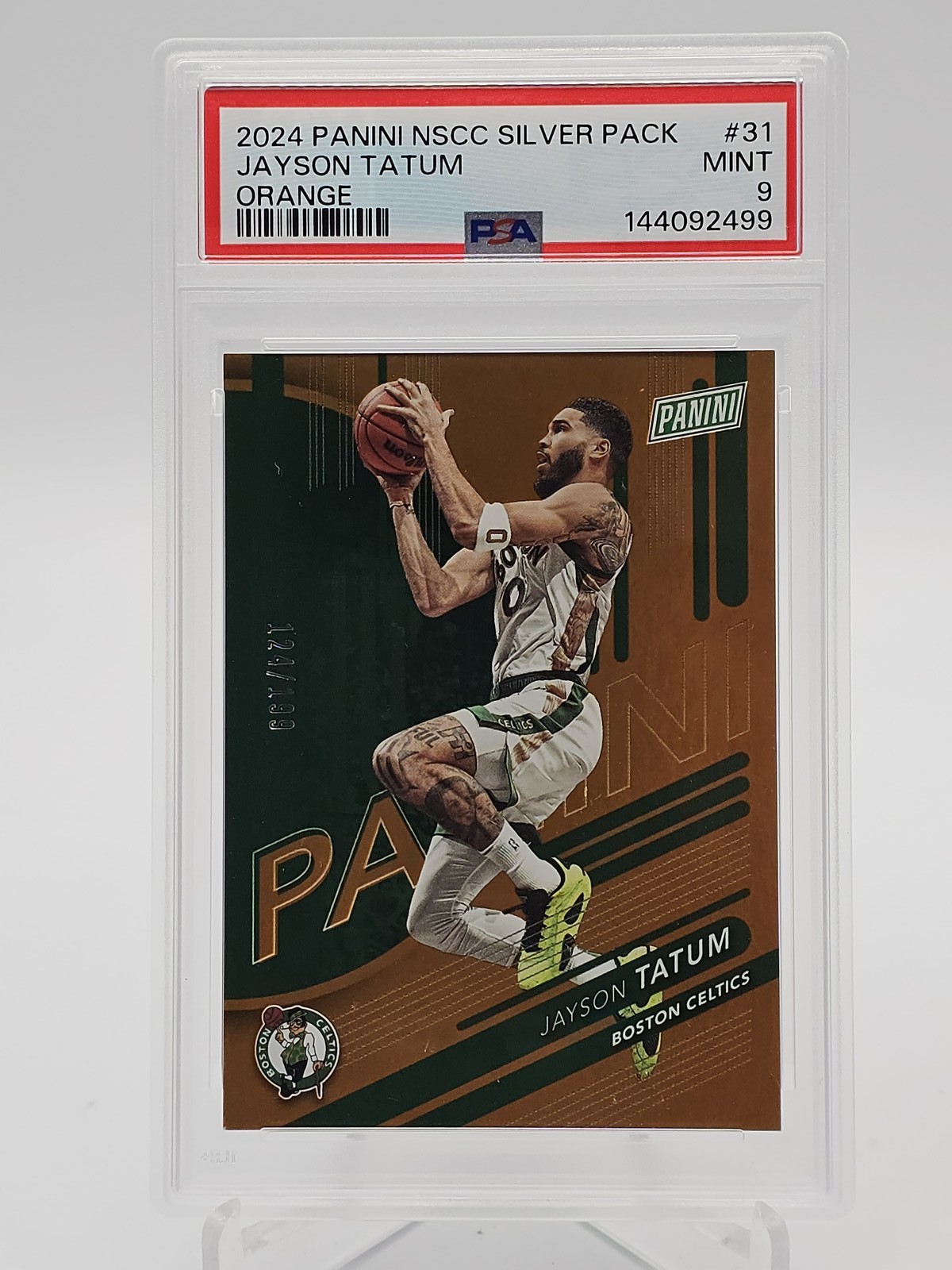 JAYSON TATUM 2024-25 PANINI NSCC SILVER PACK ORANGE /199 #31 PSA 9 Q0M-628 view 1