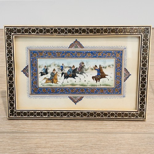 Persian Miniature Hand-Painting Art Bone Khatam Mosaic Marquetry Frame Polo