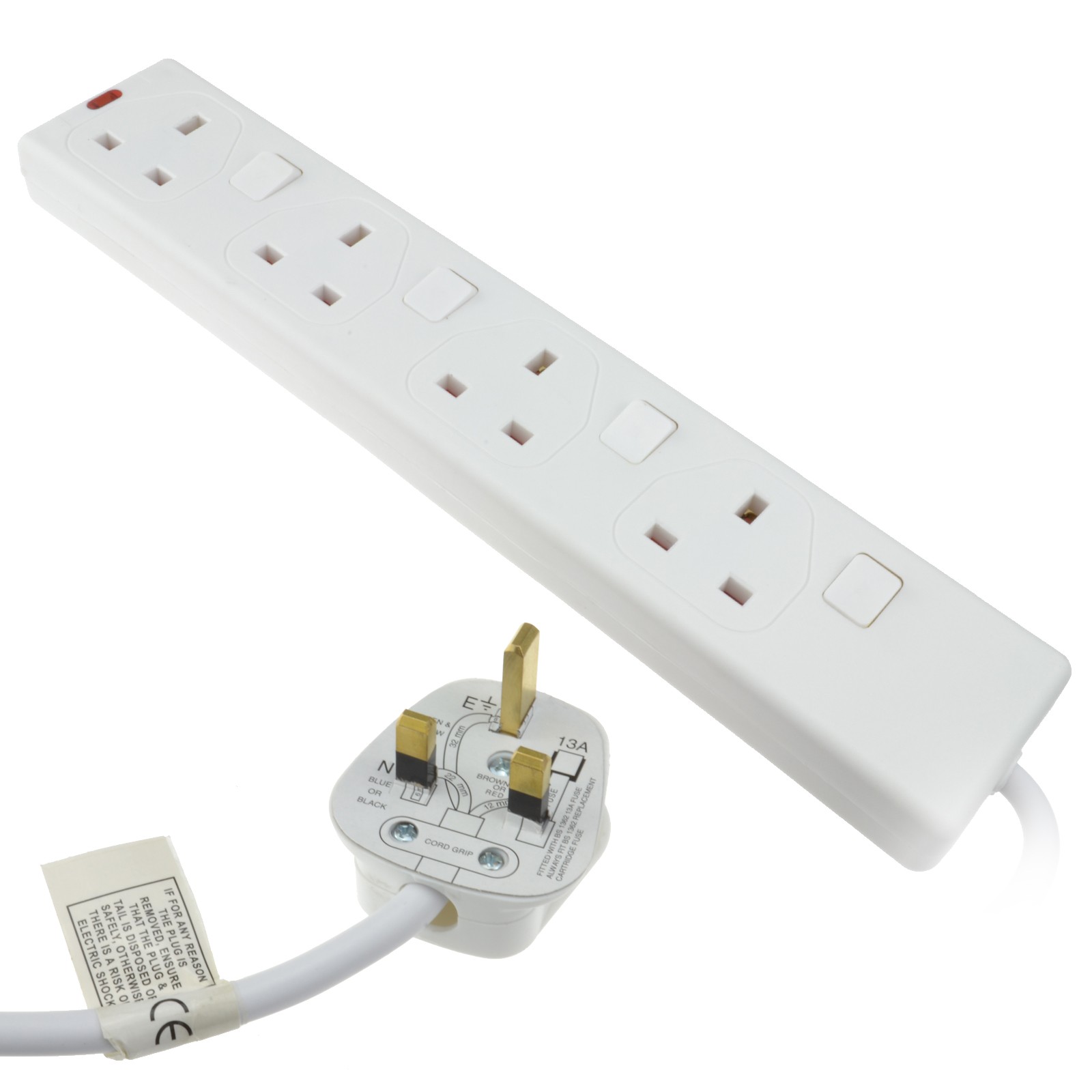 4 Way Gang Individually Switched UK Mains Extension Lead White 5m