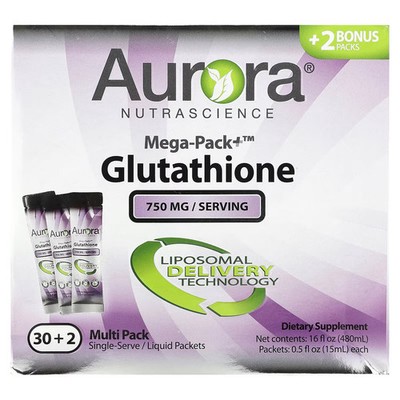 2 X Aurora Nutrascience, Mega-Pack+ Glutathione, 750 mg, 32 Packs, 0.5 fl oz (15