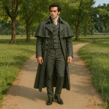 Men  s Regency Inverness Cloak Coat  Victorian Greatcoat with Cape Classic Grey
