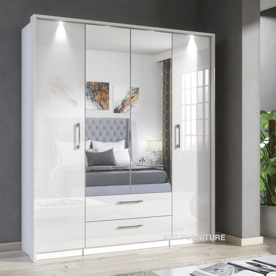 ART FURNITURE Gloss White Mirrored Wardrobe Modern LED Lights