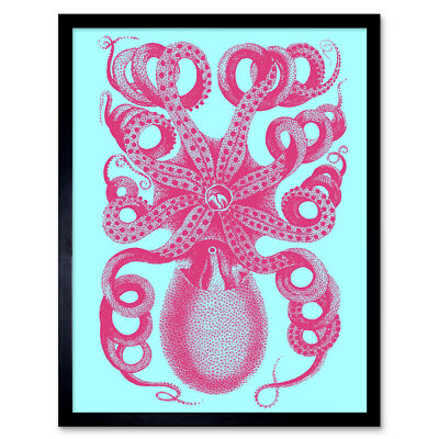 Oktopus Illustration rosa blau gerahmter Wandkunstdruck 9x7