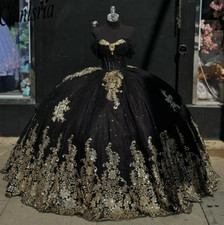 Black Off Shoulder Lace-up Quinceanera Dresses Ball Gown Gold Sequined Appliques