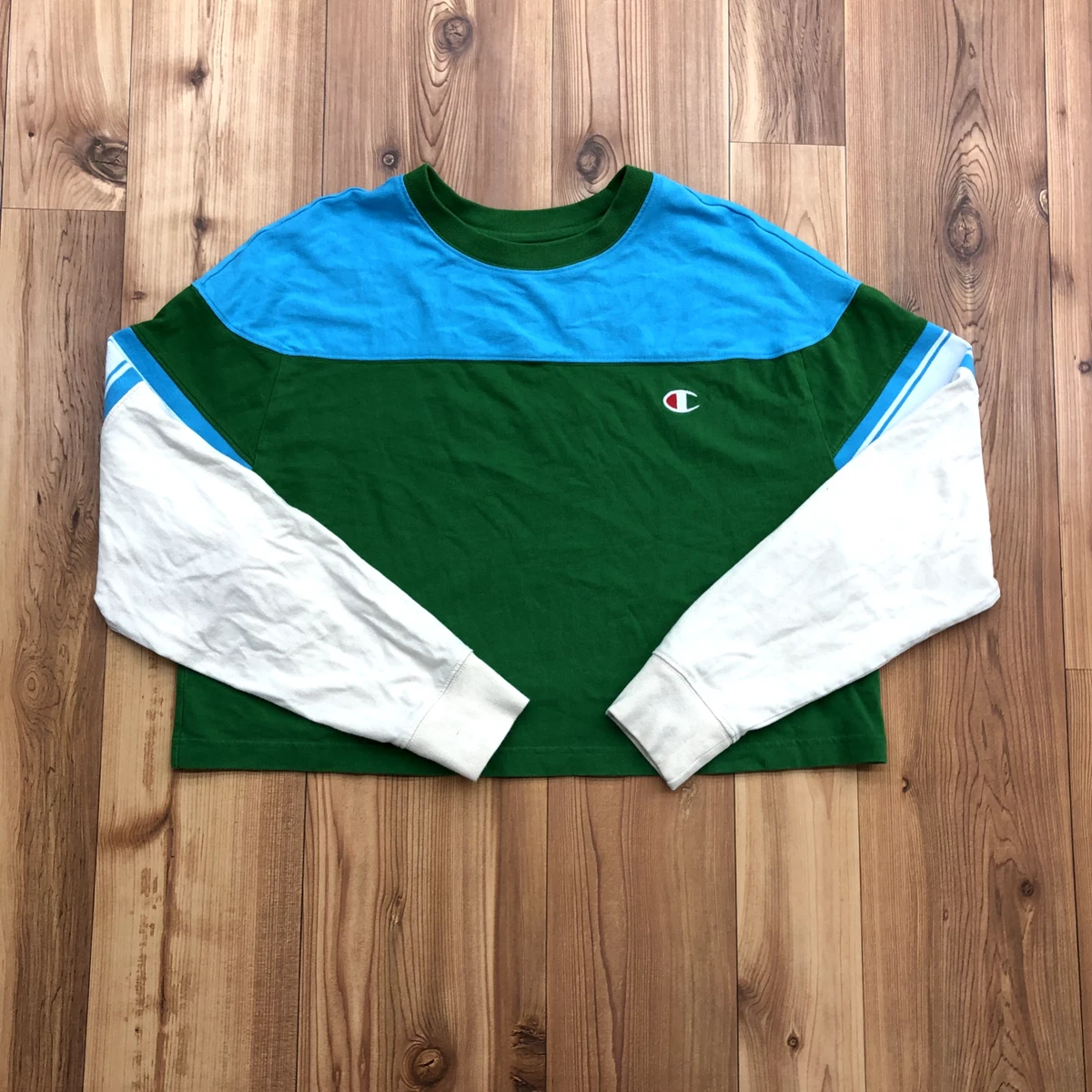 Champion Green Color block Embroidered Logo Cropped Sweatshirt