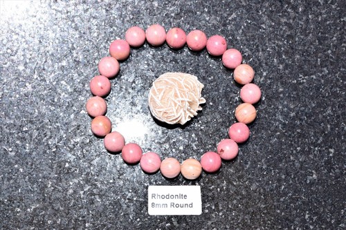 Premium CHARGED Rhodonite Crystal 8mm Stretchy Bracelet + Baby Selenite Heart - Picture 7 of 11