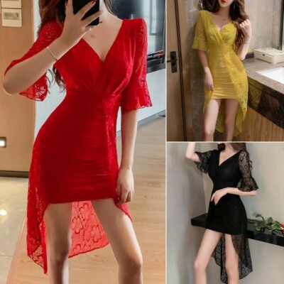 Women Asymmetrical Lace V Neck Short Sleeve Swing Dress Party Wedding