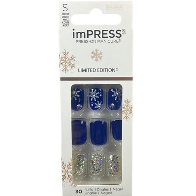 NEW Kiss Nails Impress Press On Manicure Short Gel Dark Blue Snowflake Christmas